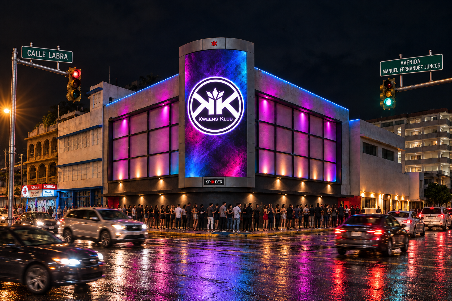 Exterior nocturno de Kweens Klub en la esquina de la calle Labra y la avenida Manuel Fernández Juncos