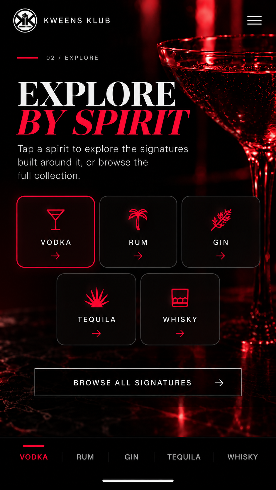 Explorar Signature Cocktails por vodka, ron, ginebra, tequila o whisky