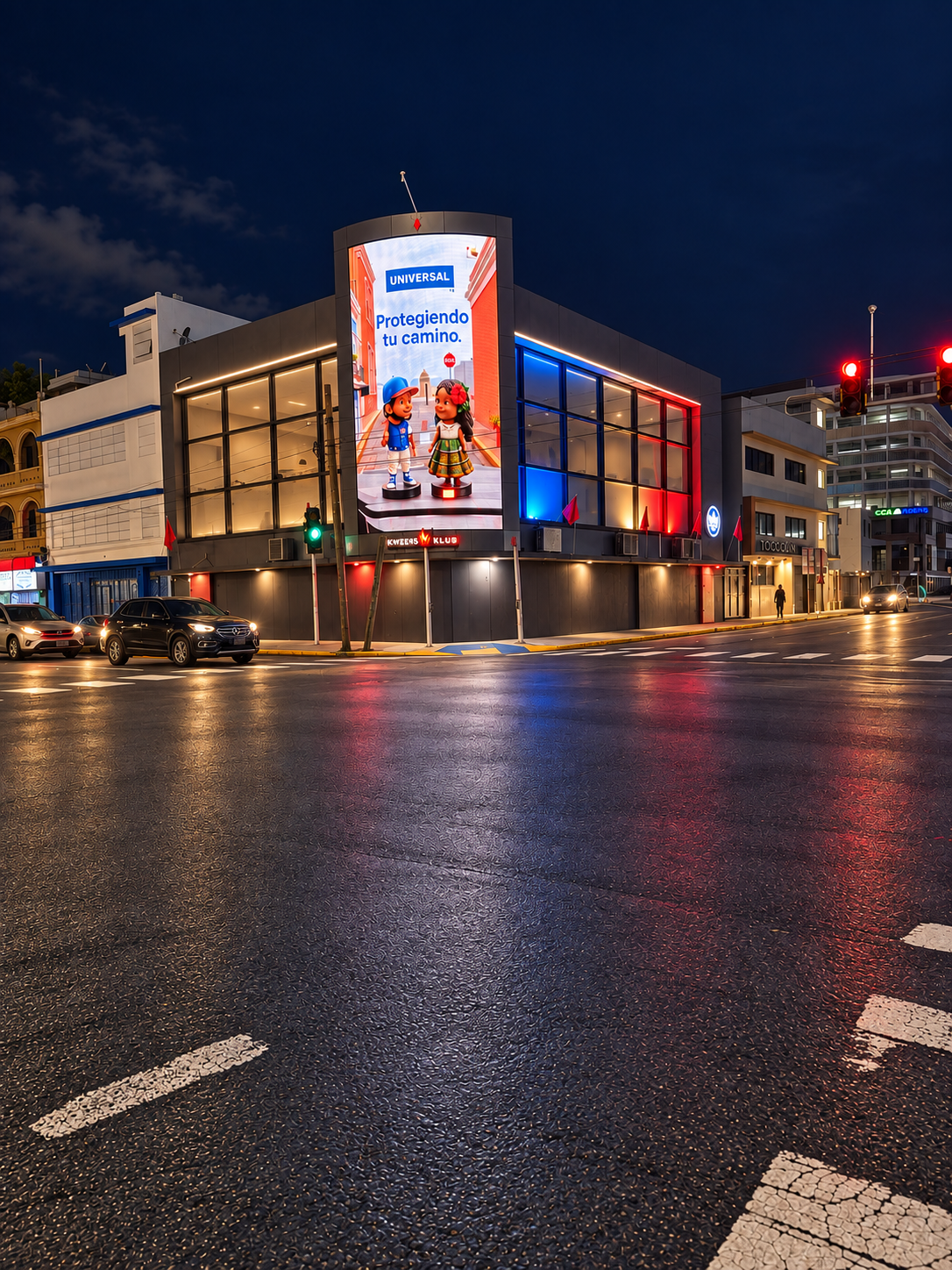 Vista de esquina — Perspectiva premium de ambas fachadas, la pantalla exterior y el cruce.